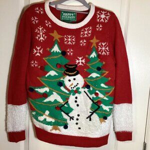 Happy Holidays Joyeuse's Ugly Festive Red Sweater Snowman Christmas Tree Size SP